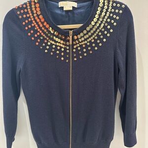 Michael Kors Navy Cardigan Zip Up Sweater with Gold Accents size Small